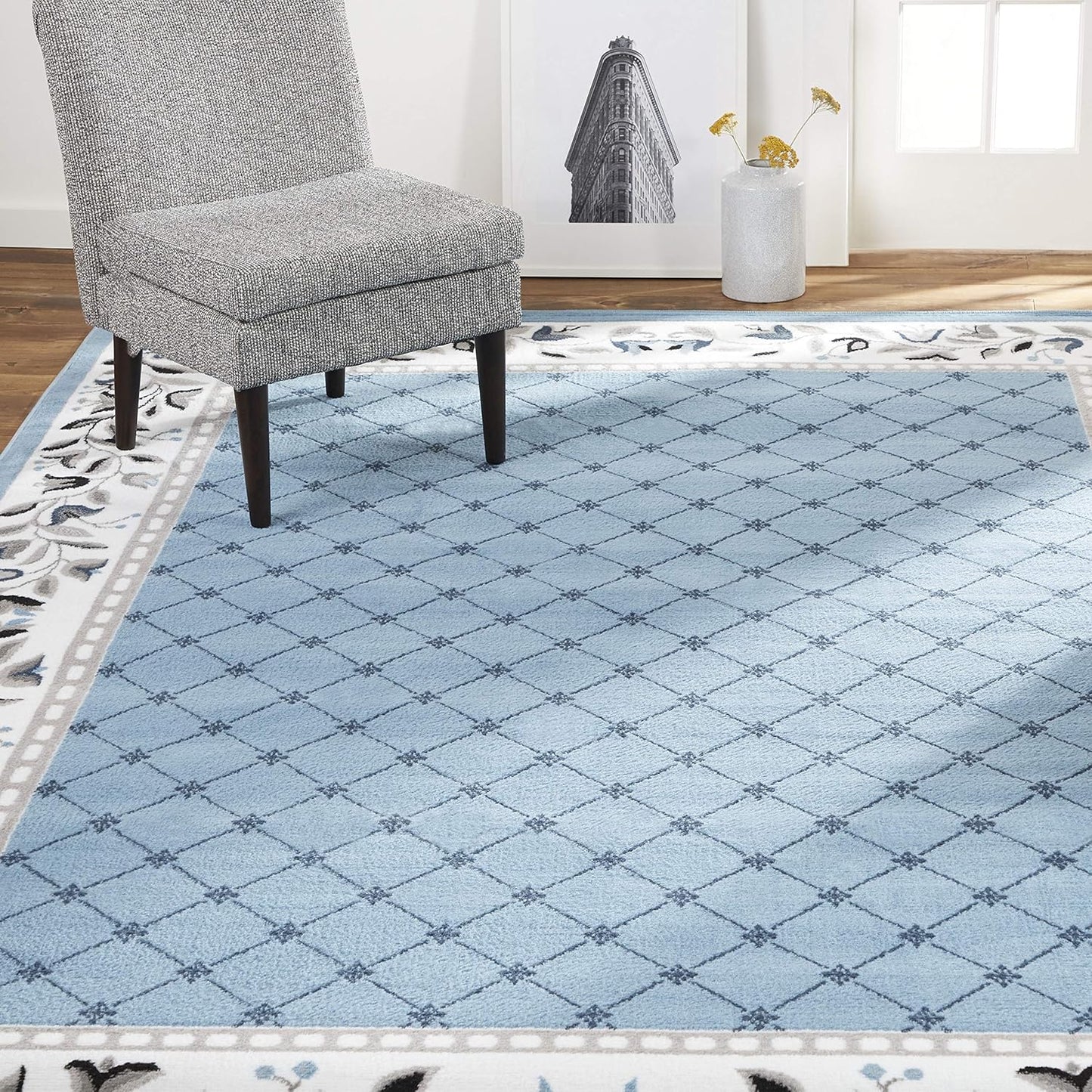 Premium Aydin Traditional Diamond Floral Area Rug, Blue/Ivory, 5'2"X7'4"