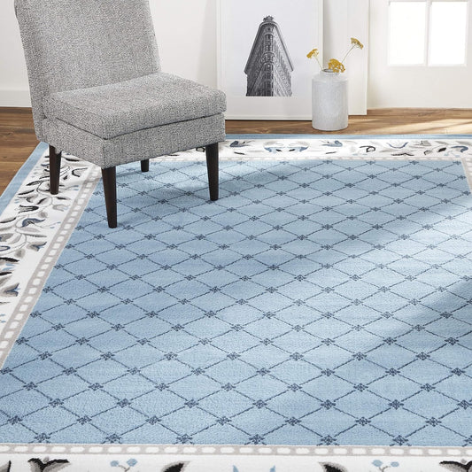 Premium Aydin Traditional Diamond Floral Area Rug, Blue/Ivory, 5'2"X7'4"