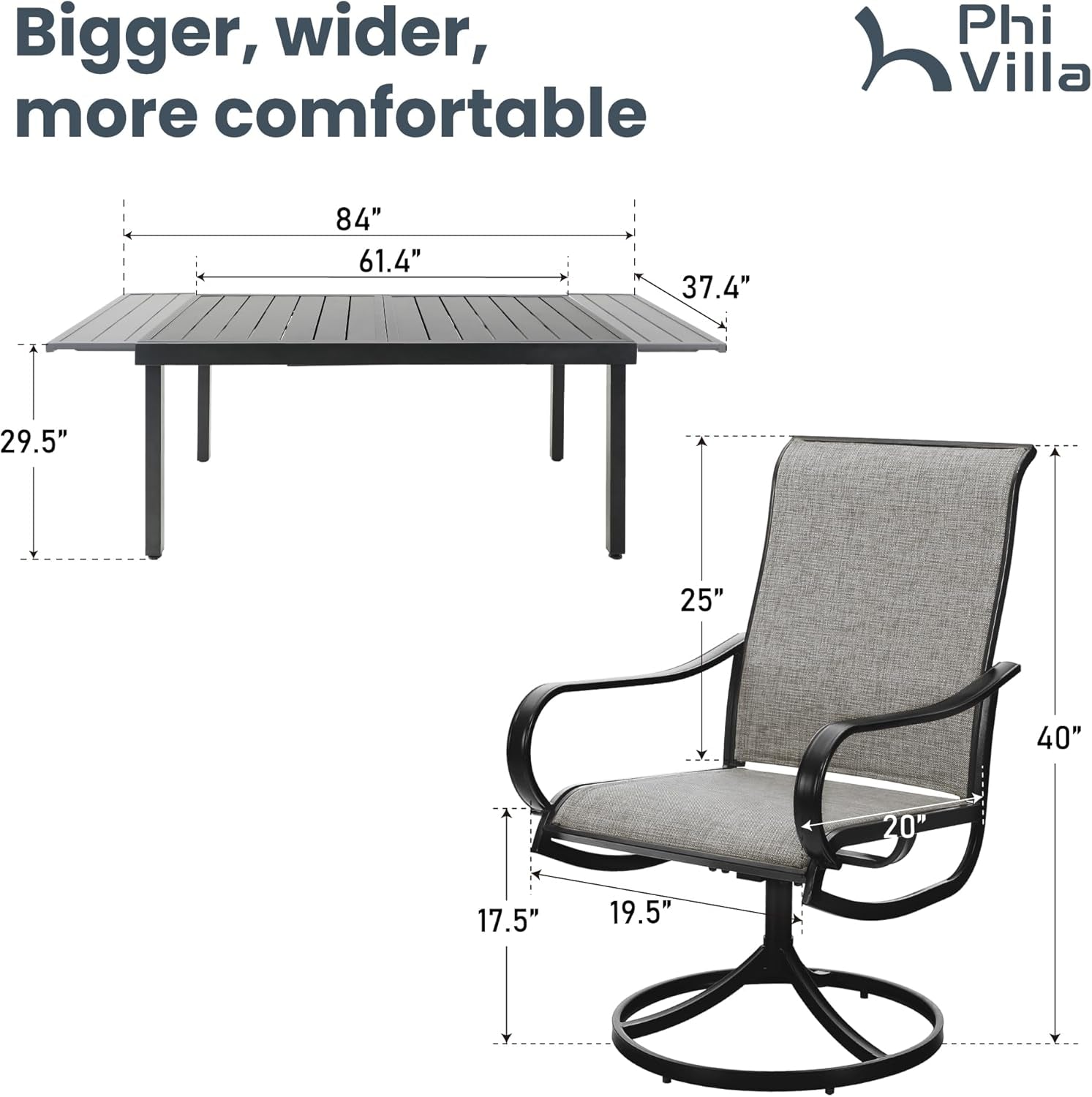 Patio Dining Set 7 Piece for All Weather, Outdoor Table & Chairs Set for 6 with Swivel Patio Dining Chairs and 1 Extendable Large Patio Table for 6-8 Person