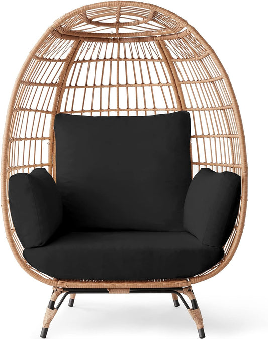 Wicker Egg Chair, Oversized Indoor Outdoor Lounger for Patio, Backyard, Living Room W/ 4 Cushions, Steel Frame, 440Lb Capacity - Black