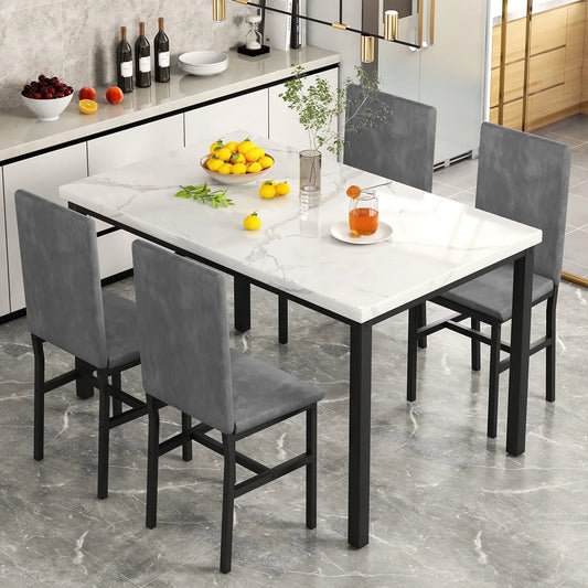 Dining Table Set for 4, 5-Piece Modern Dining Room Table Set with 4 Velvet Chairs, Marble Kitchen Table and Chairs Set, White+Grey