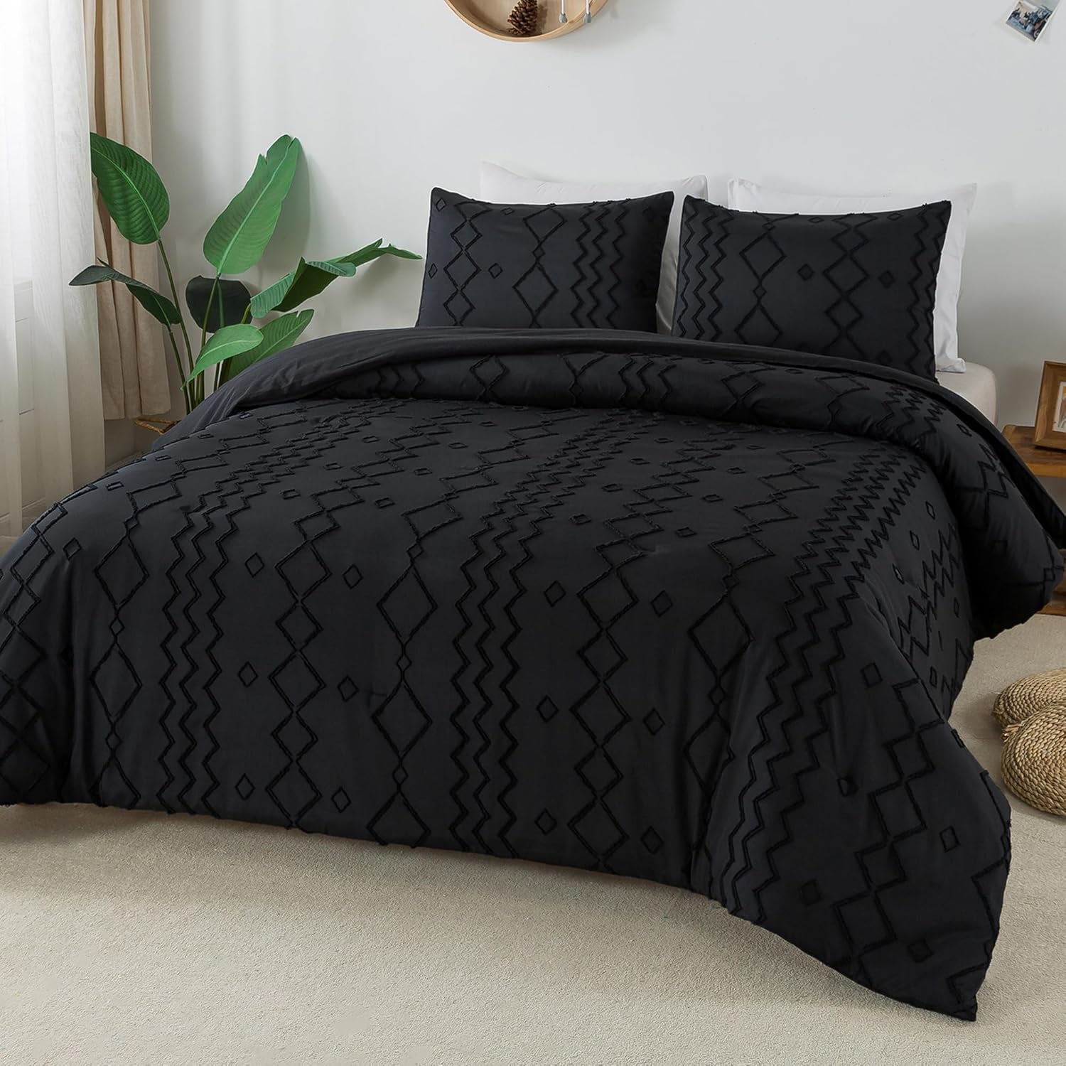 Black Tufted Comforter Set Queen(90X90Inch), 3 Pieces(1 Tufts Comforter, 2 Pillowcases) Boho Textured Farmhouse Bed Set, Microfiber down Alternative Geometric Bedding