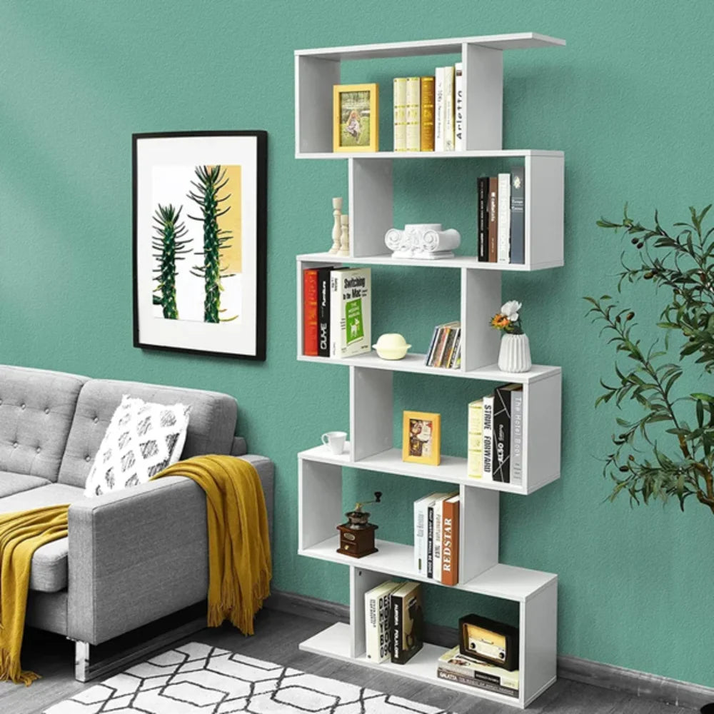 6-Shelf Geometric Bookcase, Wood S-Shaped Bookshelf, Modern Staggered Bookcase Bookshelf. White and Black