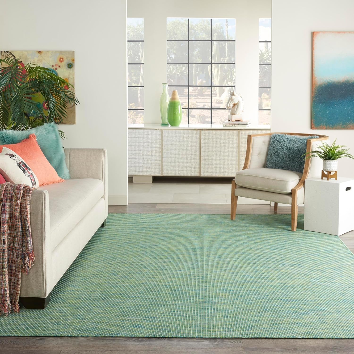 Positano Indoor/Outdoor Blue/Green 9' X 12' Area Rug, Easy Cleaning, Non Shedding, Bed Room, Living Room, Dining Room, Backyard, Deck, Patio (9X12)