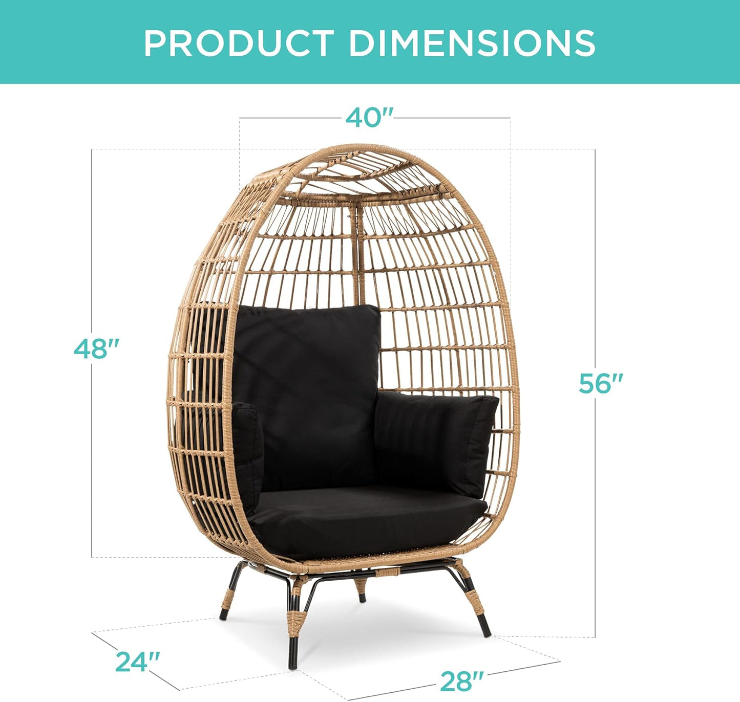 Wicker Egg Chair, Oversized Indoor Outdoor Lounger for Patio, Backyard, Living Room W/ 4 Cushions, Steel Frame, 440Lb Capacity - Black