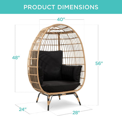 Wicker Egg Chair, Oversized Indoor Outdoor Lounger for Patio, Backyard, Living Room W/ 4 Cushions, Steel Frame, 440Lb Capacity - Black