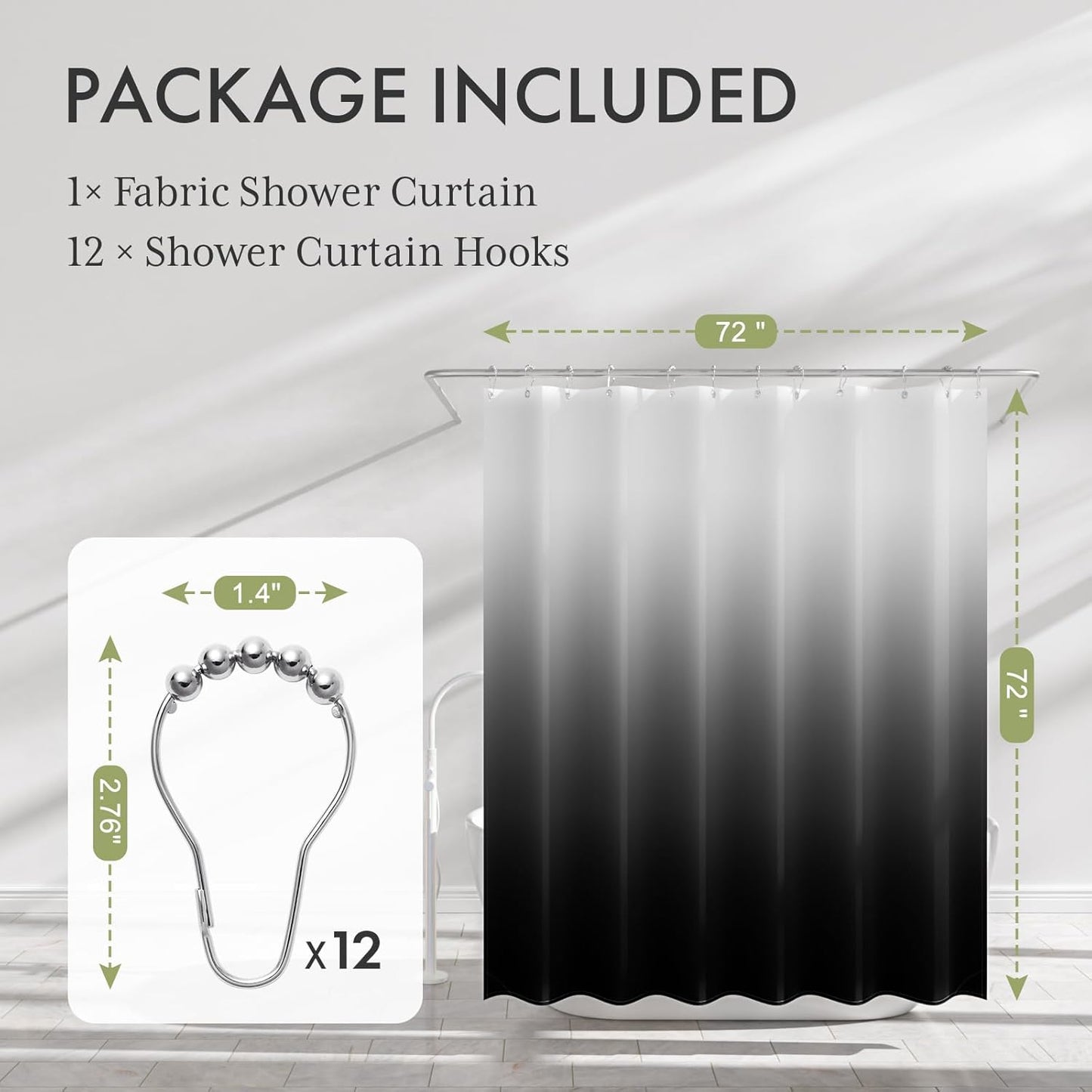 Shower Curtain, Cloth Ombre Black Shower Curtain Set with 12 Hooks, Washable Fabric Black and White Shower Curtain, Rustic Farmhouse Bathroom Shower Curtain, 72X72 Inches