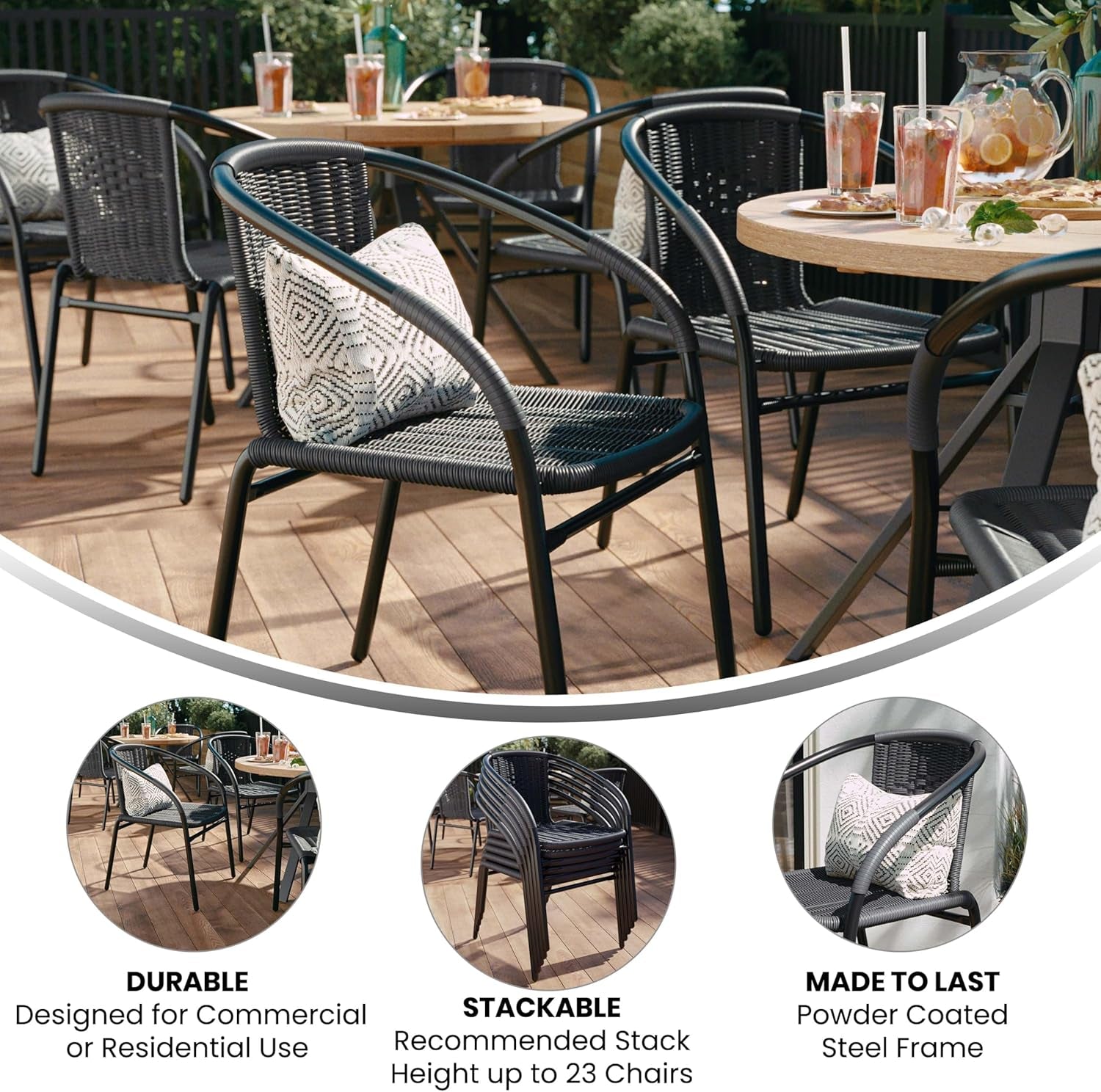 Set of 2 Modern Rattan Indoor/Outdoor Stack Chairs, Stacking Rattan Patio Chairs with Curved Back and Cross Bracing, Gray