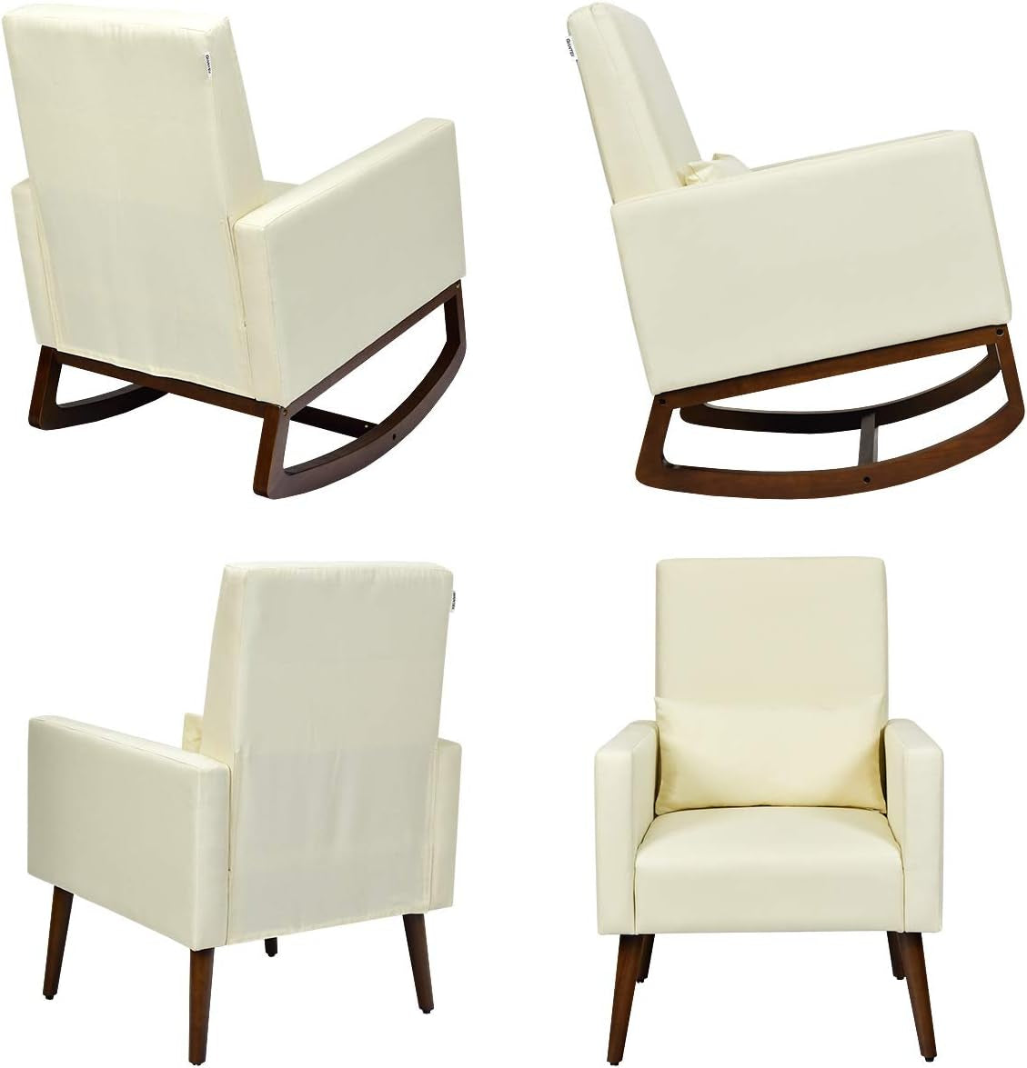Upholstered Rocking Chair, Modern High Back Armchair, Comfortable Rocker with Fabric Padded Seat, Waist Pillow and Wood Base Accent Chair for Nursery, Living Room, Bedroom, Office, Beige