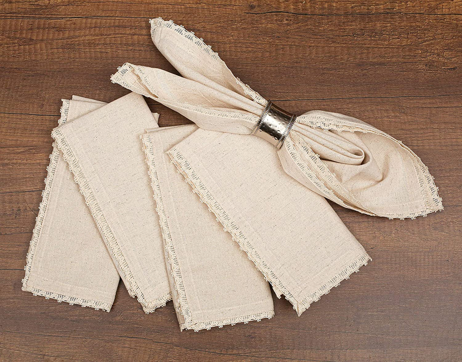 Cloth Dinner Napkins Linen Flax Cotton 18X18 Inch with Lace Set of 12, Natural Mitered Corners Perfect for Wedding Mashine Washable Reusable Napkins Dinner, Parties and Table Decorations