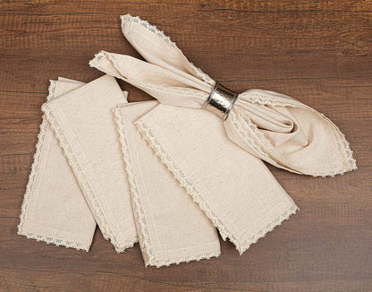 Cloth Dinner Napkins Linen Flax Cotton 18X18 Inch with Lace Set of 12, Natural Mitered Corners Perfect for Wedding Mashine Washable Reusable Napkins Dinner, Parties and Table Decorations