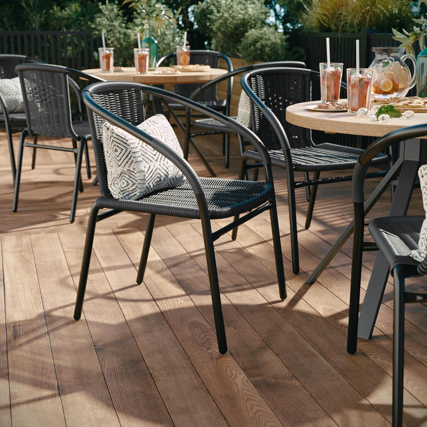 Set of 2 Modern Rattan Indoor/Outdoor Stack Chairs, Stacking Rattan Patio Chairs with Curved Back and Cross Bracing, Gray