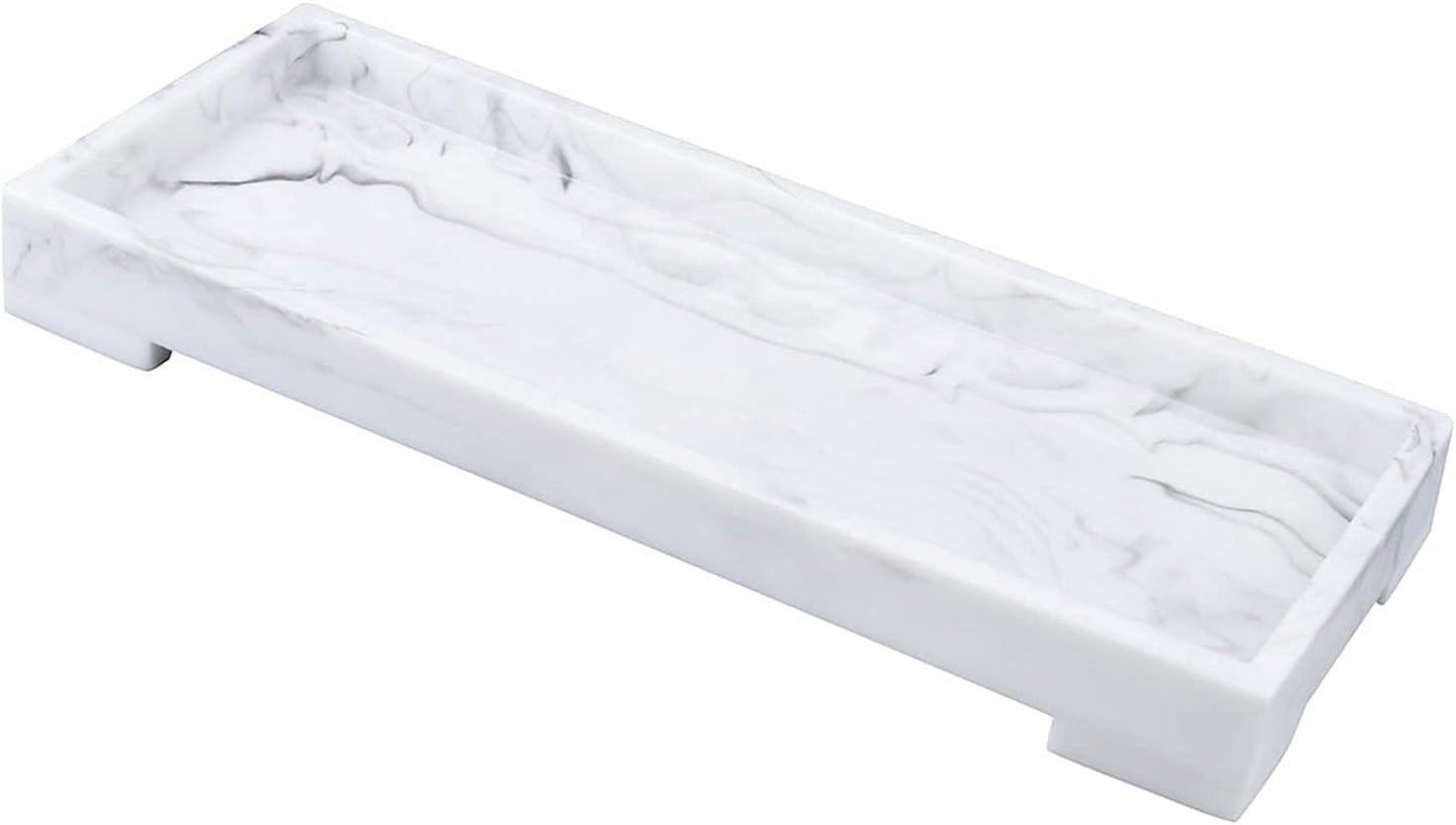 Vanity Toilet Tank Tray, White Elegant Marble Pattern Bathtub Organizer, Bathroom Collector for Small Things, Make-Up Desk, Resin Dresser Jewelry Tray - Medium Size