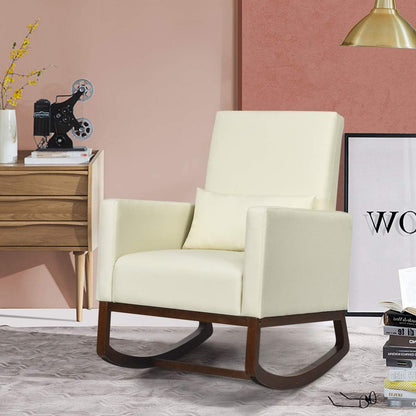 Upholstered Rocking Chair, Modern High Back Armchair, Comfortable Rocker with Fabric Padded Seat, Waist Pillow and Wood Base Accent Chair for Nursery, Living Room, Bedroom, Office, Beige