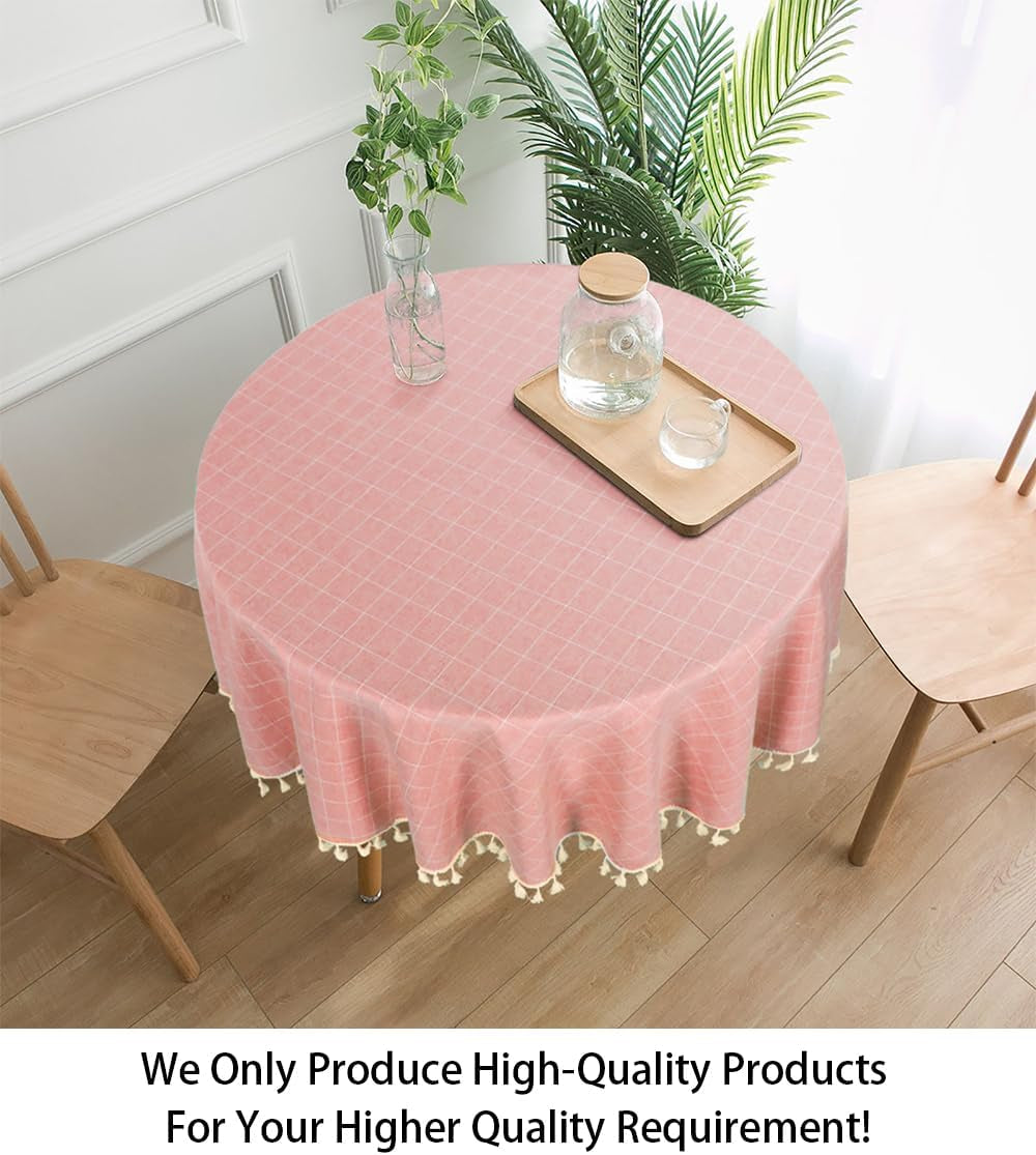 round Tablecloth - Cotton Linen Table Cover - Wrinkle Free Dust-Proof - Buffalo Check - Holiday Table Linen - 55" - Blush Embroidery Tassel - for Home Kitchen Dining