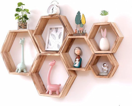 Hexagon Floating Shelves Wall Mounted Wood Farmhouse Storage Honeycomb Wall Shelf Set of 6, Hexagonal Wall Shelves for Bedroom, Living Room, Office,Screws Anchors Included Rustic Fire Roast