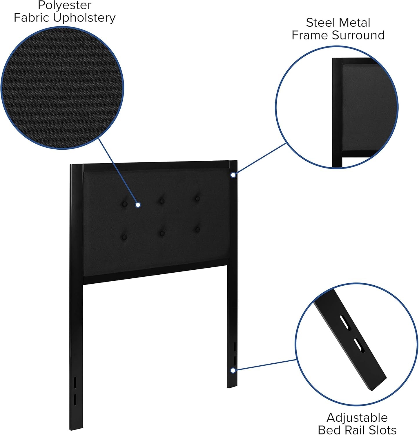 Twin Size Upholstered Metal Panel Headboard in Tufted Black Fabric