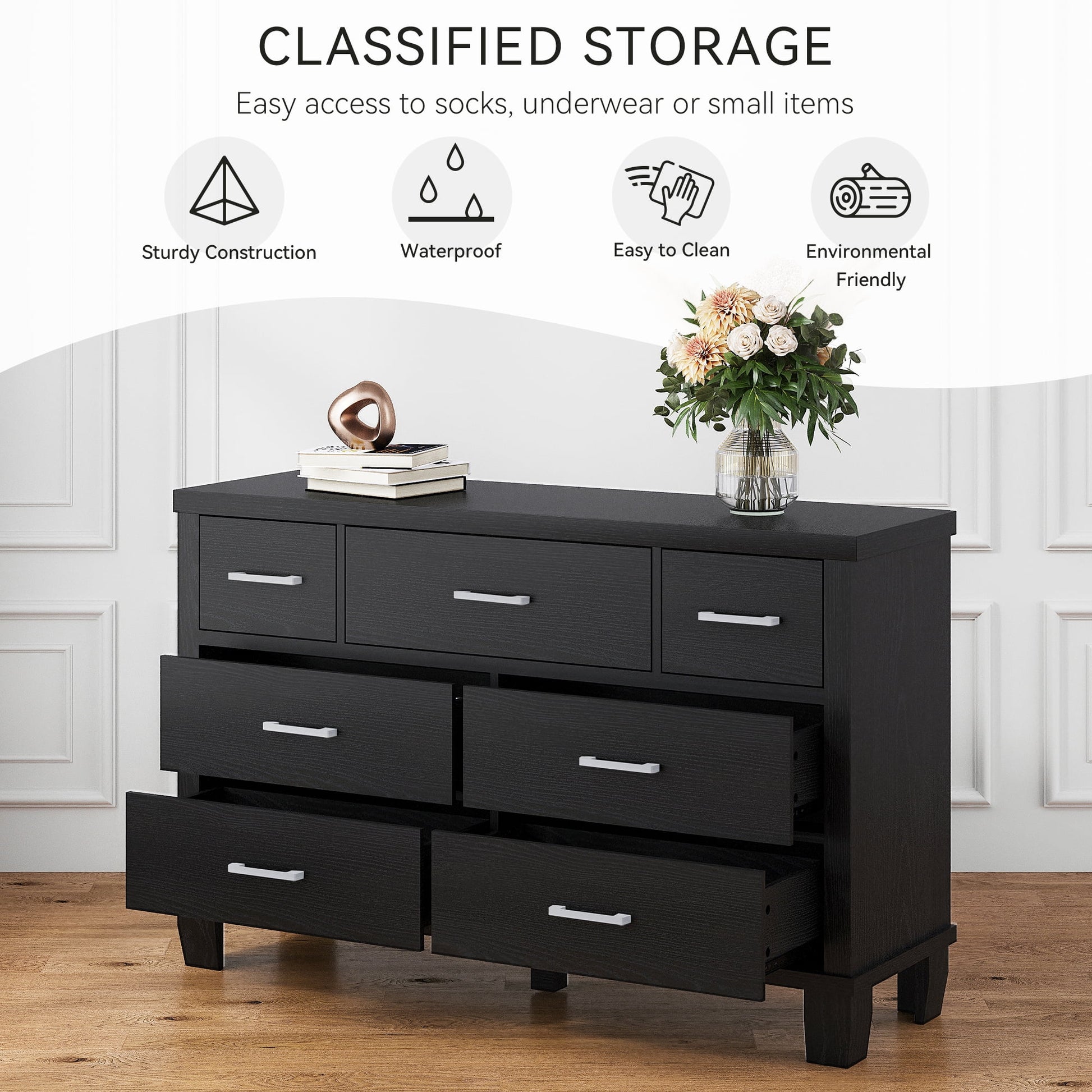 Dresser for Bedroom with 7 Drawers, Storage Drawer Organizer, Tall Chest of Drawers for Closet, Clothes, Kids, Baby, Living Room, Wood Drawers, Black