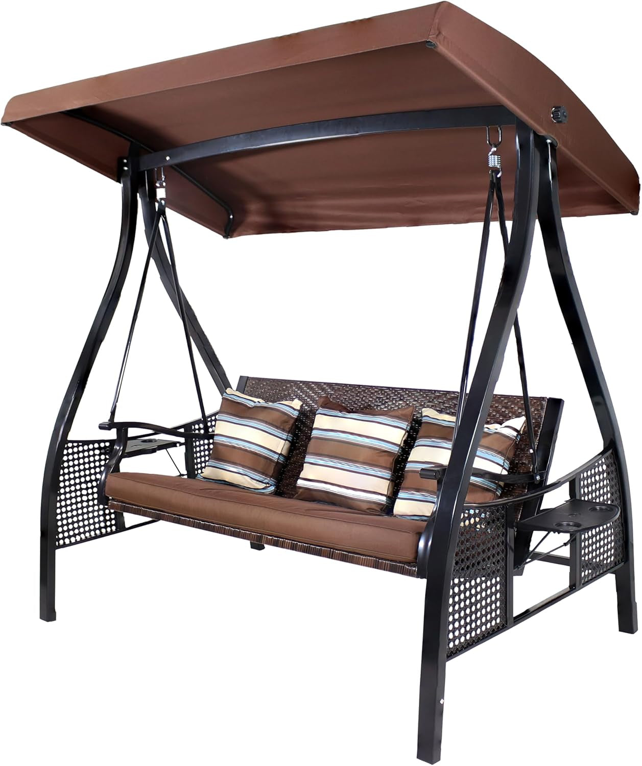 3-Seat Patio Swing with Steel Frame and Canopy - 600-Pound Weight Capacity - Brown Stripe Cushions