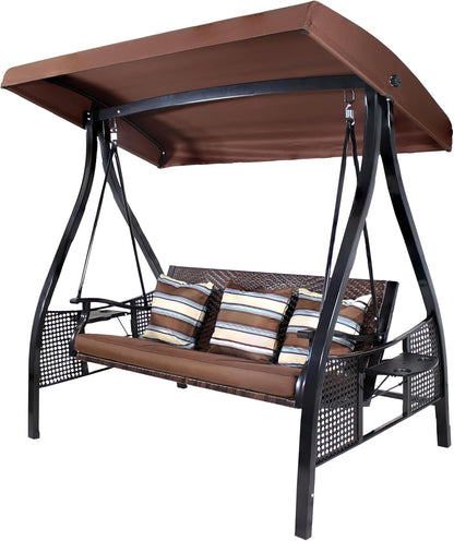 3-Seat Patio Swing with Steel Frame and Canopy - 600-Pound Weight Capacity - Brown Stripe Cushions