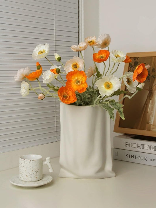 Creative Fold Paper Bag Ceramic Vase Handmade Ceramic Vase Living Room Bedroom Model Room Flower Arrangement Ornaments Jewelry (White)
