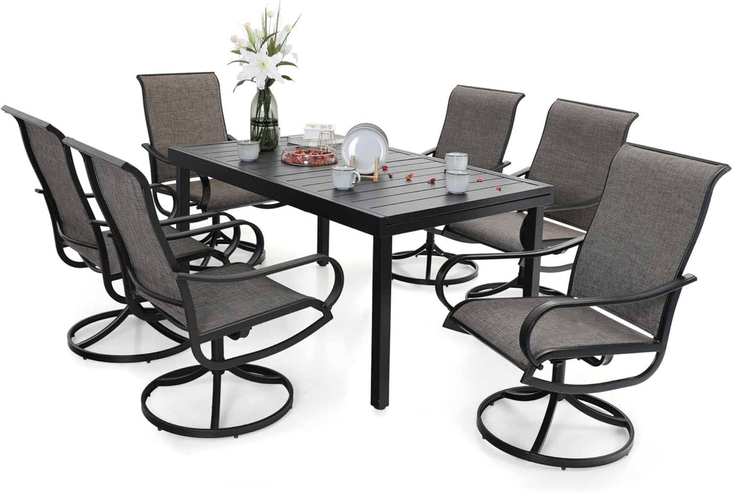 Patio Dining Set 7 Piece for All Weather, Outdoor Table & Chairs Set for 6 with Swivel Patio Dining Chairs and 1 Extendable Large Patio Table for 6-8 Person
