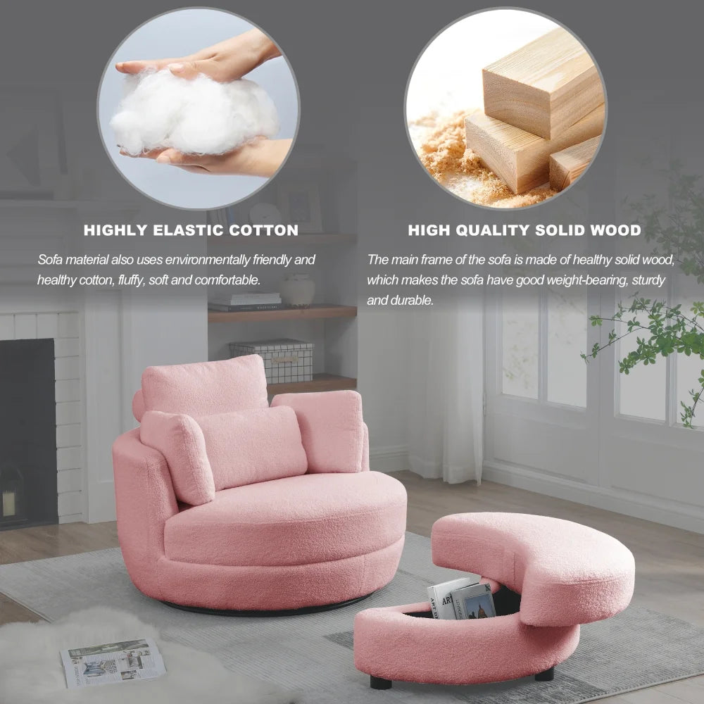 Swivel Barrel Chair, Oversized Swivel Chair with Moon Storage Ottoman Modern Upholstered Accent Chair, round Swivel Barrel Chair with 4 Pillows Leisure Sofa Chair Lounger Armchair for Living Roopink