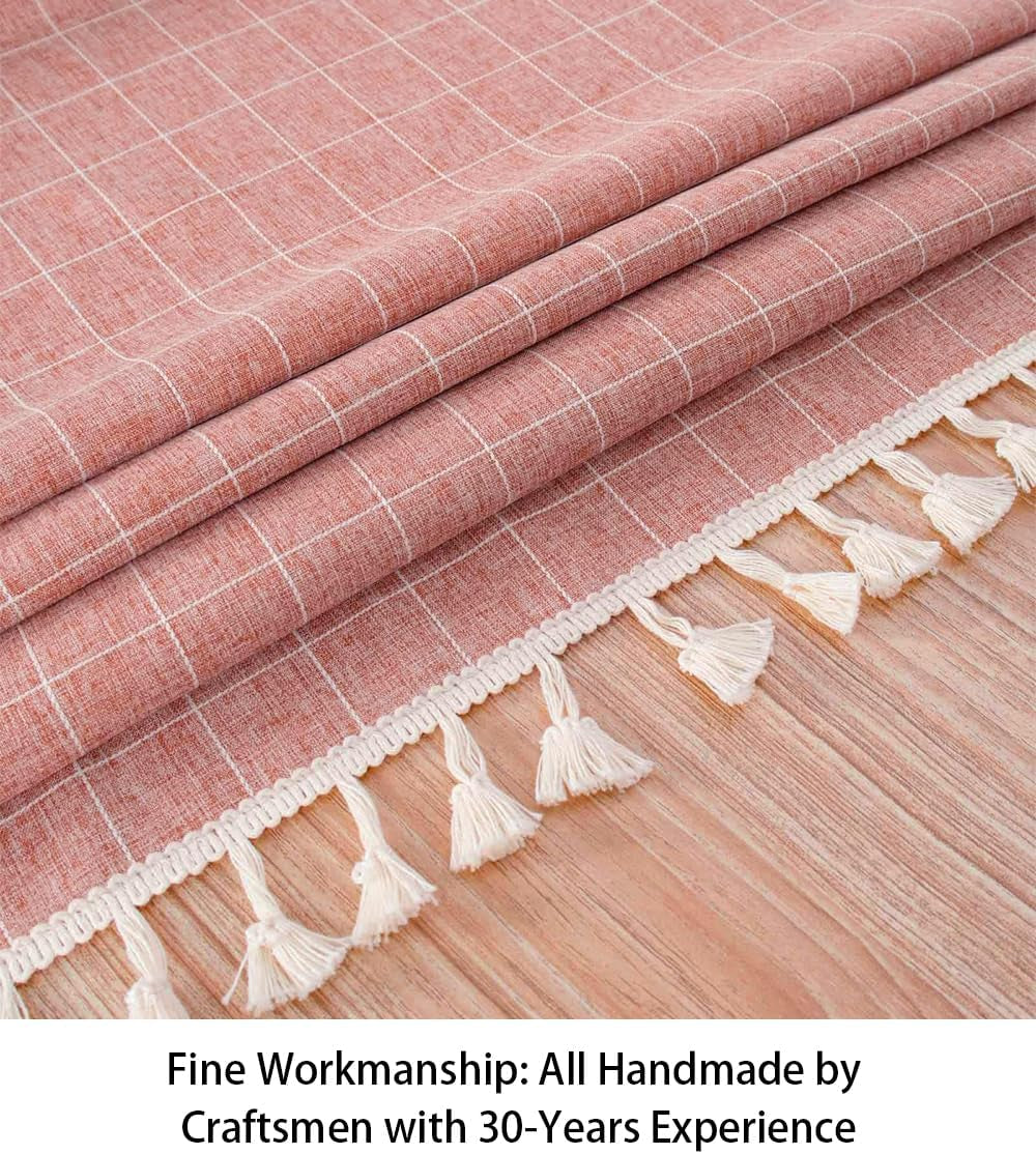 round Tablecloth - Cotton Linen Table Cover - Wrinkle Free Dust-Proof - Buffalo Check - Holiday Table Linen - 55" - Blush Embroidery Tassel - for Home Kitchen Dining