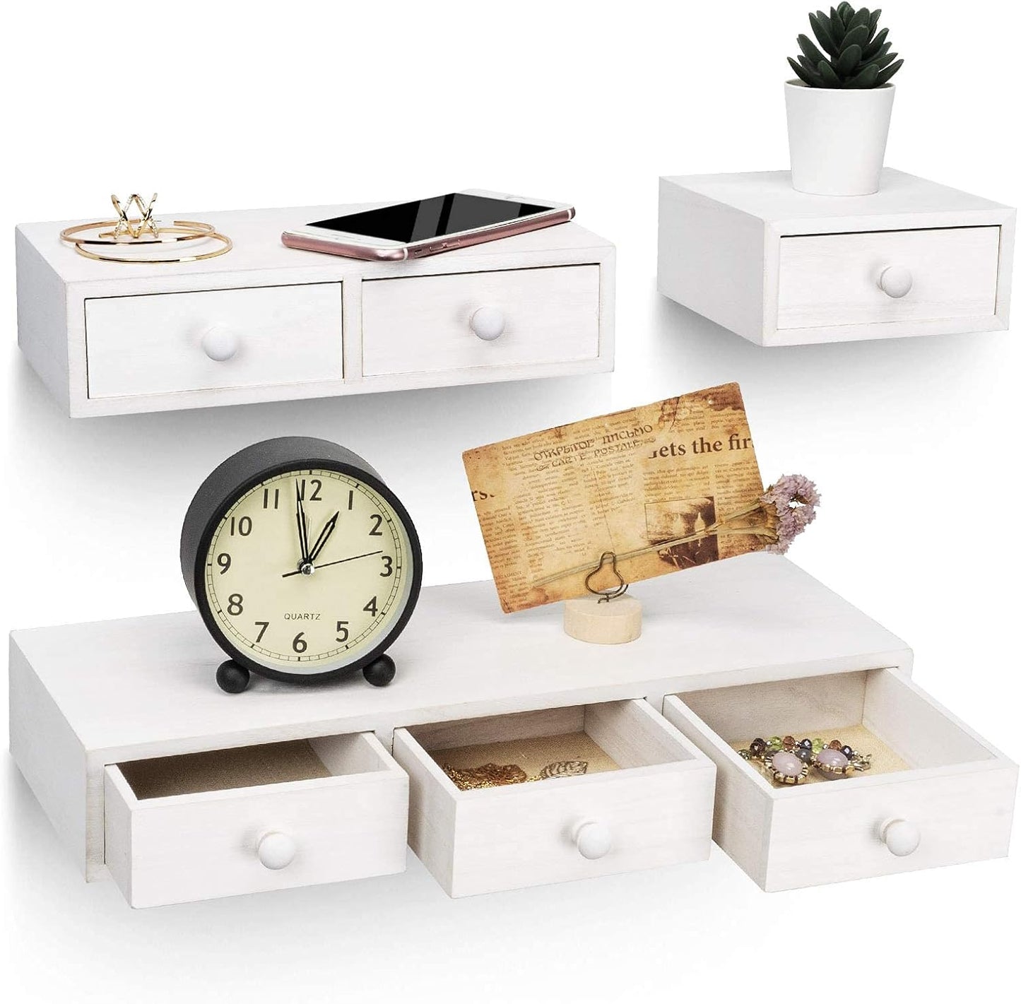 Floating Shelves for Wall Storage, Rustic Wood Floating Drawers Multiuse as Apothecary Cabinet or Floating Nightstand, Farmhouse Wall Shelves for Bedroom (Set of 3, White)