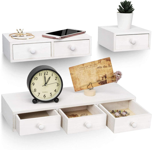 Floating Shelves for Wall Storage, Rustic Wood Floating Drawers Multiuse as Apothecary Cabinet or Floating Nightstand, Farmhouse Wall Shelves for Bedroom (Set of 3, White)