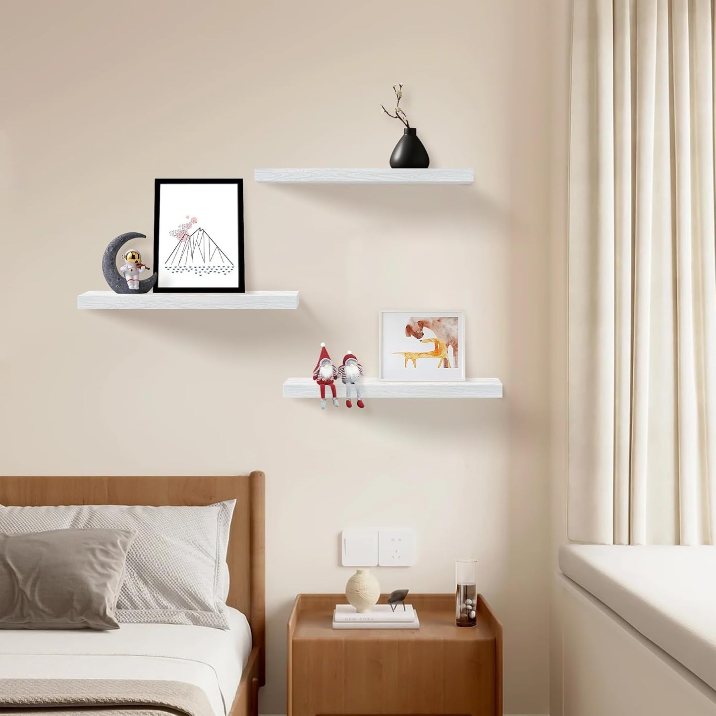 White Floating Shelves - Set of 3, 16" Wall Mounted Shelves for Home Decor, Living Room, Bedroom, Bathroom, Kitchen