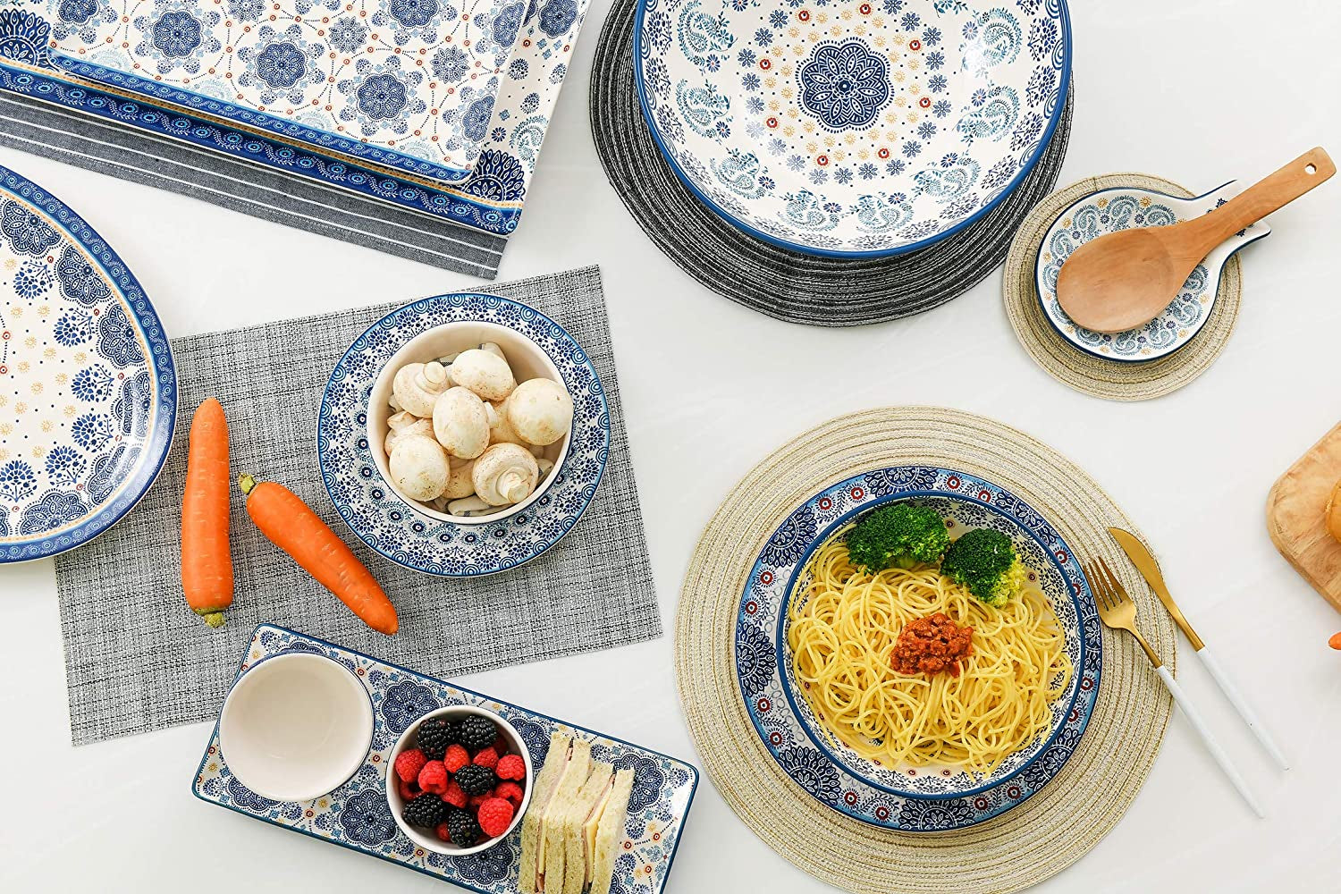 Blue Talavera Ceramic Pasta Bowl, Set of 5(1 Unit 214Oz, 4 Units 35Oz), for Pasta, Salad, Microwave & Dishwasher Safe, House Warming Gift