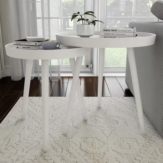 Wooden Nesting round Tray Top White Side Tables (Set of 2)