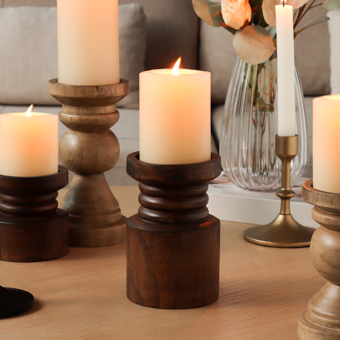 Decorative Wood Pillar Candleholder, Dark Brown, 6"