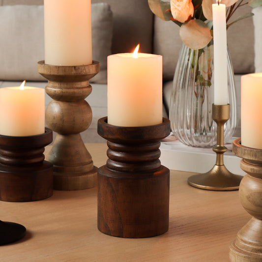Decorative Wood Pillar Candleholder, Dark Brown, 6"