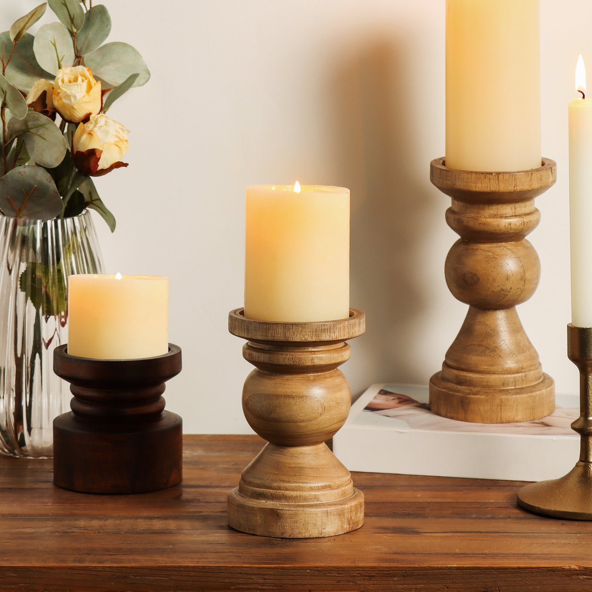 Decorative Wood Pillar Candleholder, Natural, 6"