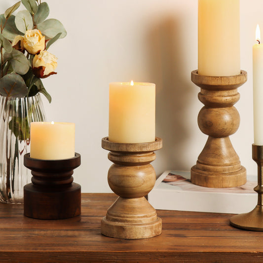 Decorative Wood Pillar Candleholder, Natural, 6"