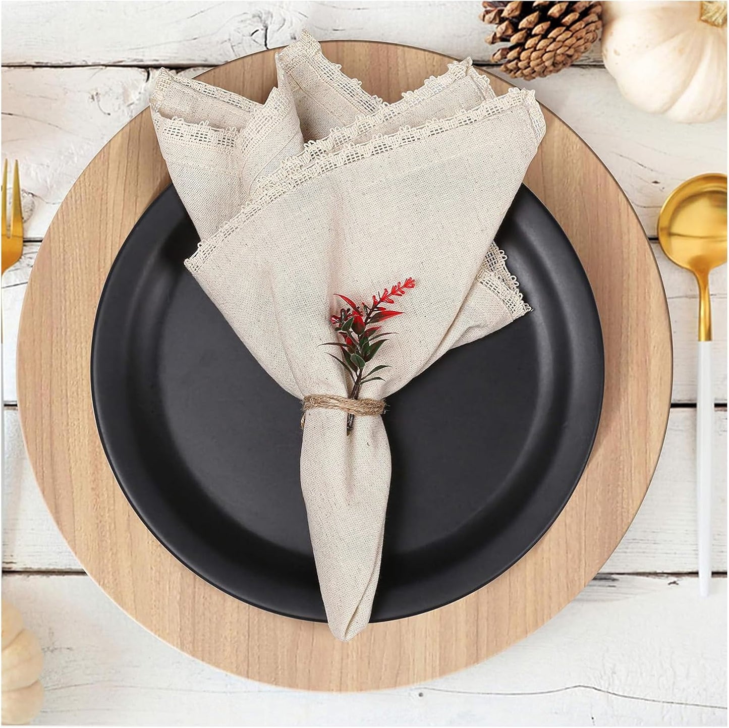 Cloth Dinner Napkins Linen Flax Cotton 18X18 Inch with Lace Set of 12, Natural Mitered Corners Perfect for Wedding Mashine Washable Reusable Napkins Dinner, Parties and Table Decorations