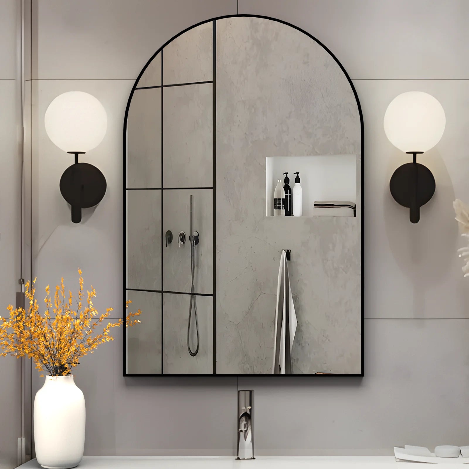 Wall Mounted Mirror, 20"X30" Arch Bathroom Mirror Has Metal Frame, 2 Pieces Black Decor for Mantle, Entryway