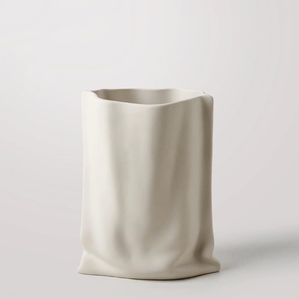 Creative Fold Paper Bag Ceramic Vase Handmade Ceramic Vase Living Room Bedroom Model Room Flower Arrangement Ornaments Jewelry (White)