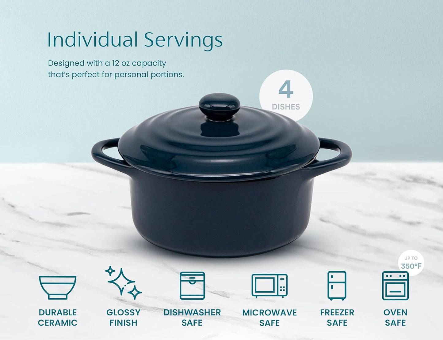 Ceramic Mini Cocotte Set, Small Casserole Dishes with Lids and Handles, Individual Baking Ramekins, Oven, Microwave & Dishwasher Safe, Stoneware, 12 Oz, Set of 4, Navy