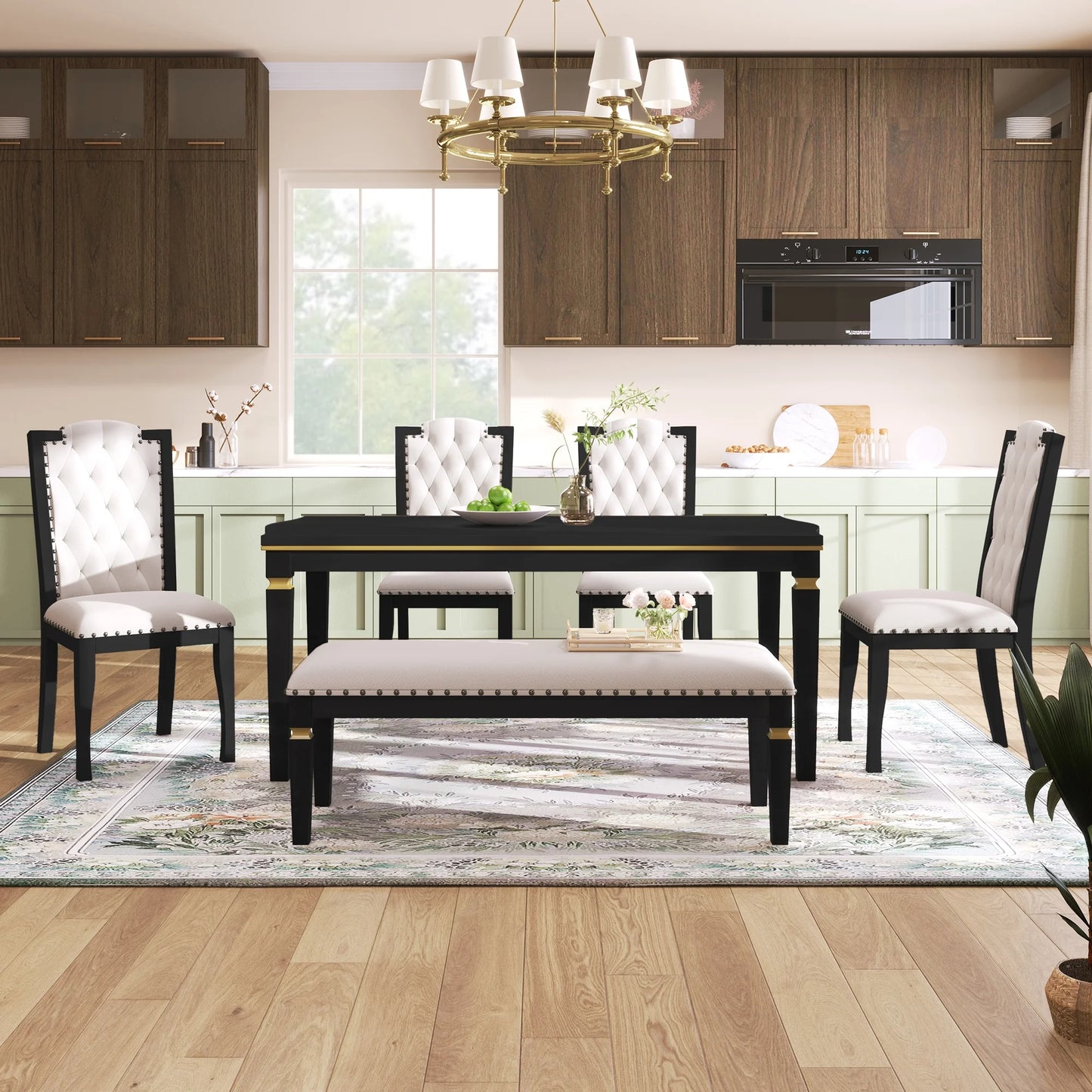 6-Piece Kitchen Dining Table Set for 6,Modern Dining Table Set with 60"L Rectangular Table,4 Upholstered Chairs & Bench for Dining Room and Kitchen,Black