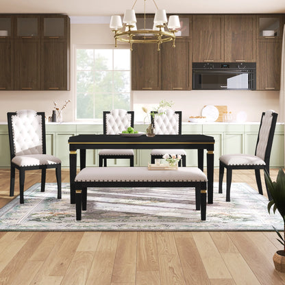 6-Piece Kitchen Dining Table Set for 6,Modern Dining Table Set with 60"L Rectangular Table,4 Upholstered Chairs & Bench for Dining Room and Kitchen,Black