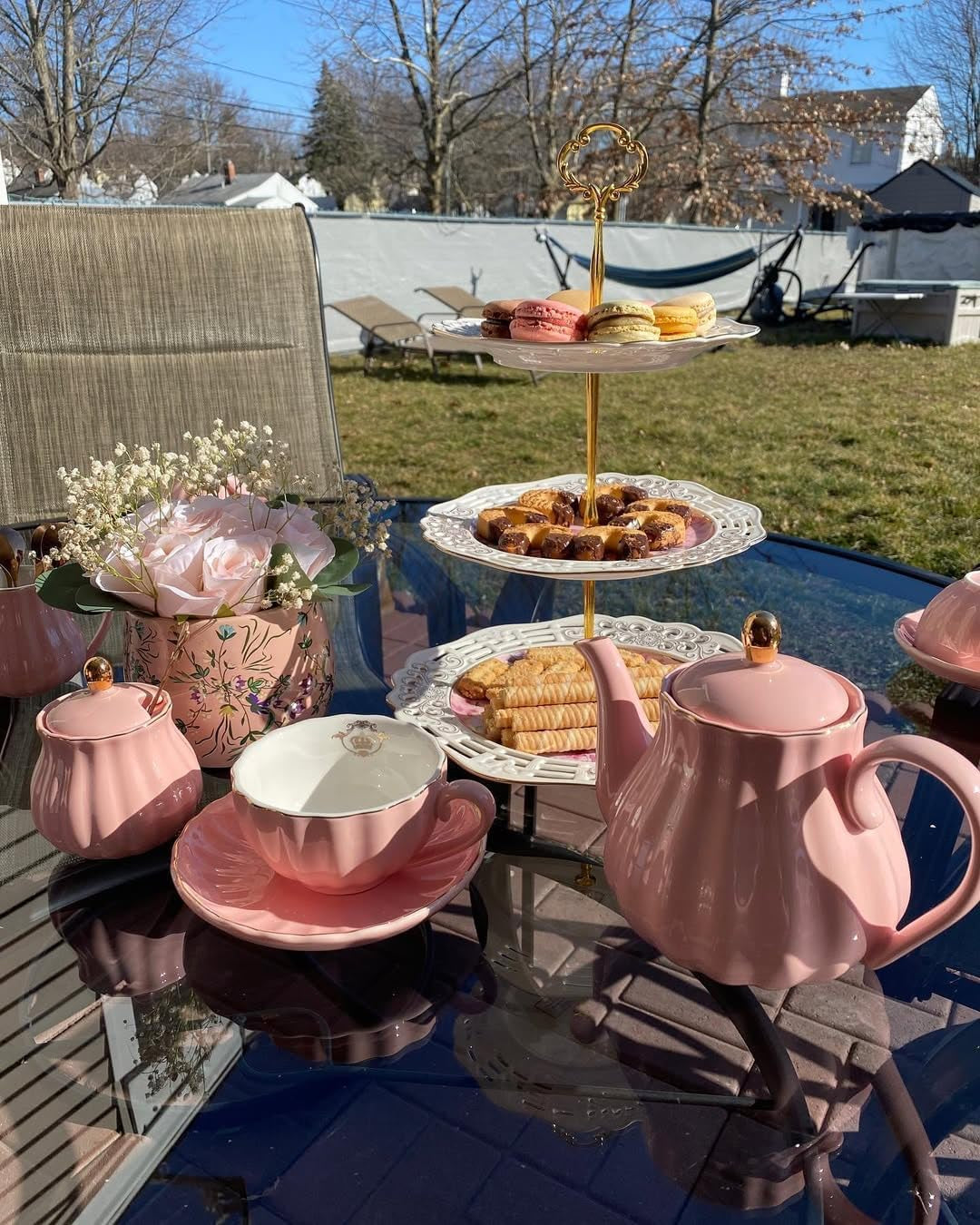 Porcelain Tea Sets British Royal Series, 8 OZ Cups & Saucer Service for 6, with Teapot Sugar Bowl Cream Pitcher Teaspoons and Tea Strainer, Suitable for High Tea, Wedding, Party (Pink)