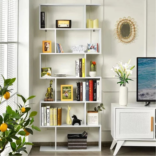 6-Shelf Geometric Bookcase, Wood S-Shaped Bookshelf, Modern Staggered Bookcase Bookshelf. White and Black