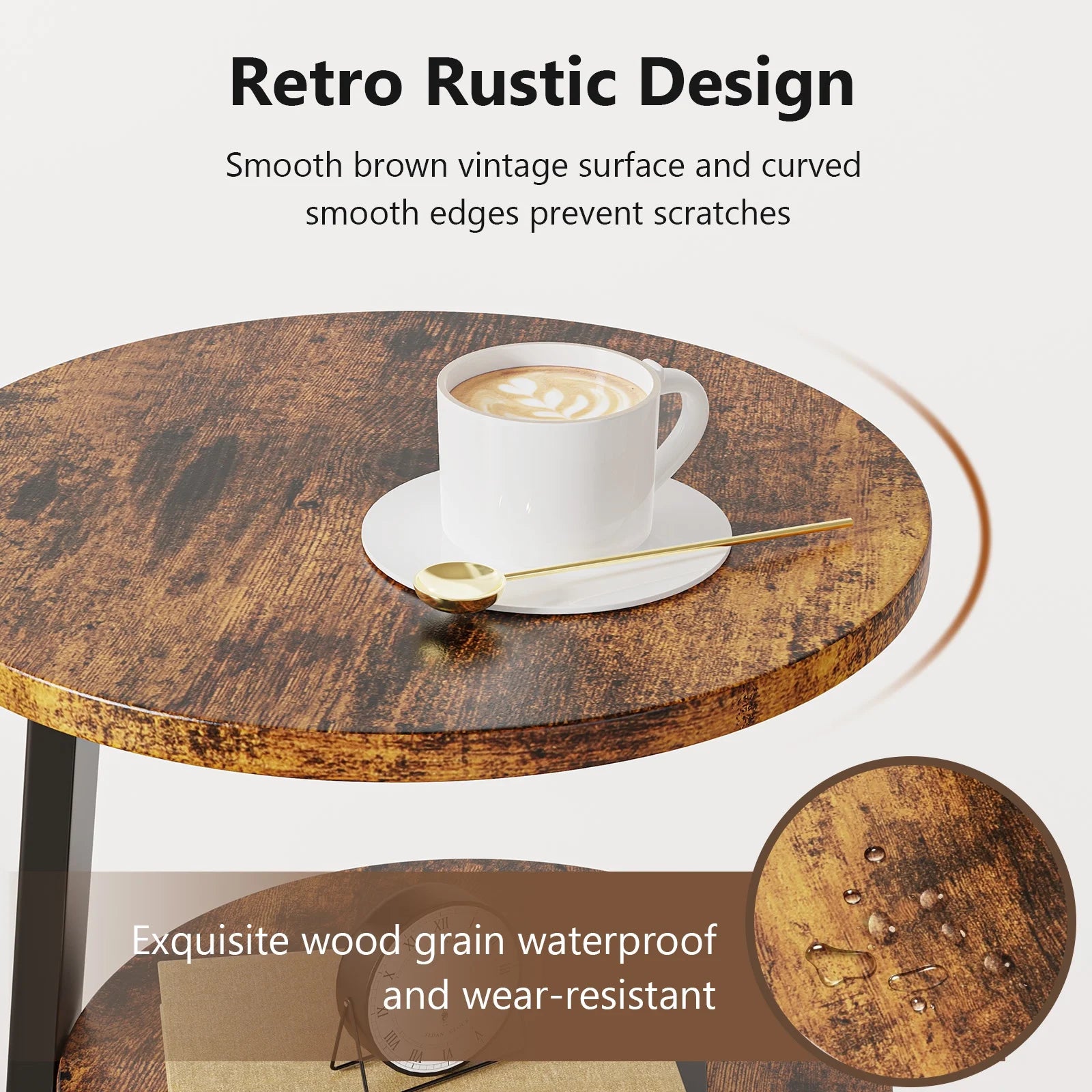 End Side Table, round Sofa Table with Metal Frame, 3-Tier Coffee Table Nightstand for Home, Black&Brown