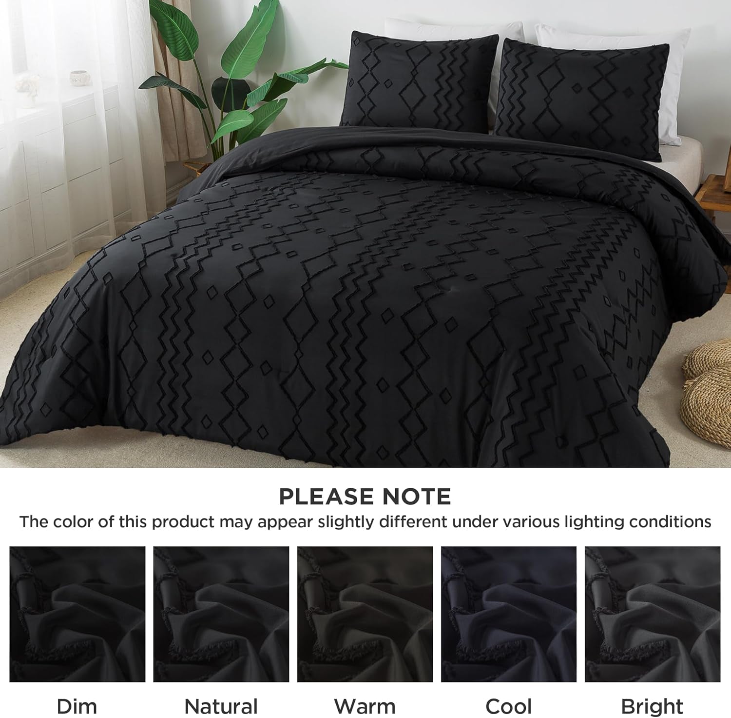 Black Tufted Comforter Set Queen(90X90Inch), 3 Pieces(1 Tufts Comforter, 2 Pillowcases) Boho Textured Farmhouse Bed Set, Microfiber down Alternative Geometric Bedding