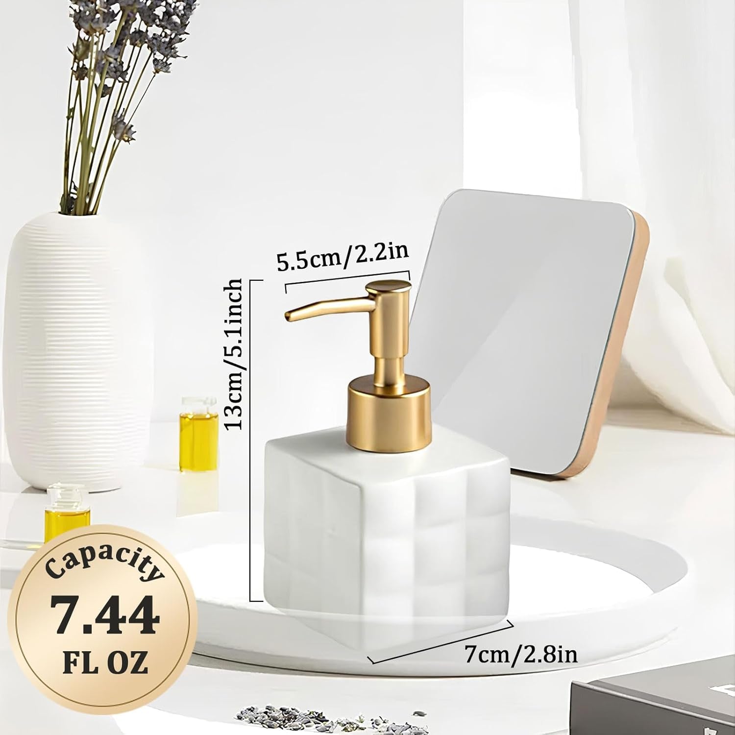 Hand Soap Dispenser Dish Cube Soap Dispenser Countertop 7.44 FL OZ. /220 ML Hand Lotion Pump Bottle Ceramic Lotion Container Liquid Hand Soap Jar Shower Dispenser Kitchen Bathroom Décor (White)