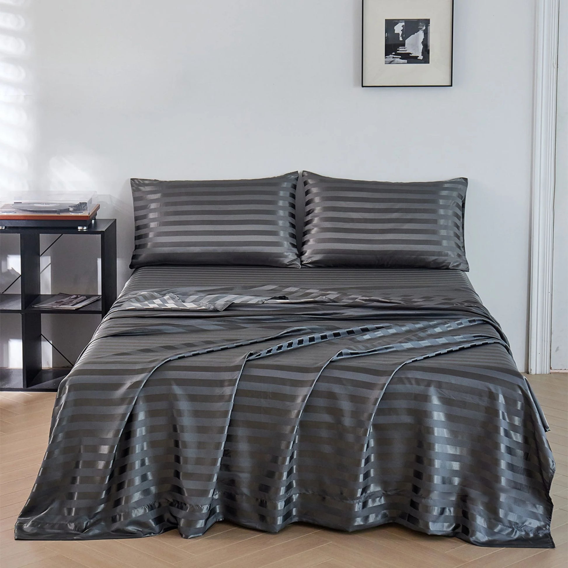 Satin Sheets Full Silk Sheets Dark Gray Stripe Bed Sheet Set Deep Pocket Bed Flat Fitted Sheet, 4-Pieces