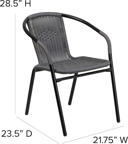 Set of 2 Modern Rattan Indoor/Outdoor Stack Chairs, Stacking Rattan Patio Chairs with Curved Back and Cross Bracing, Gray